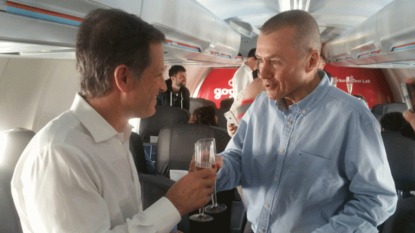 British Airways and IAG boss Willie Walsh toasting the new Gogo wifi with Gogo CEO Michael Small