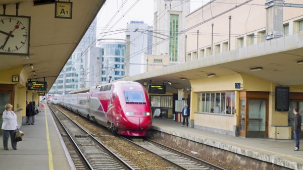 Incoming high-speed Thalys train at Brussels North station