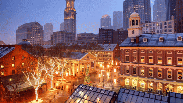 Boston skyline and Old State House in winter