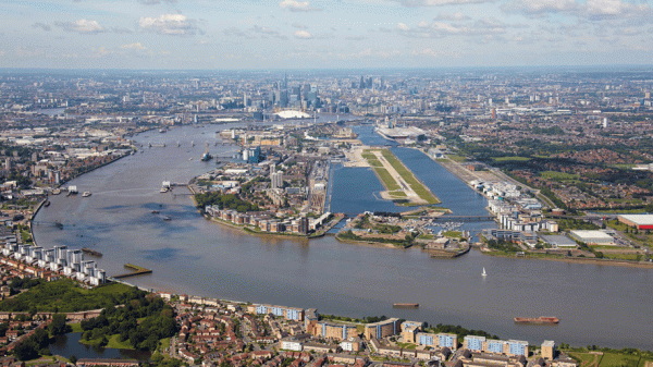 Present day, London City Airport and the City skyline looking west