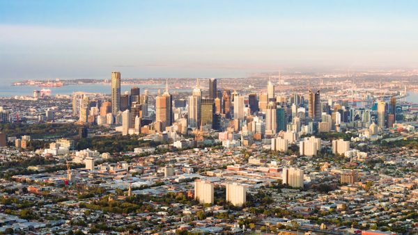 An aerial view of central Melbourne, in Australia's Victoria State, taken shortly after dawn.