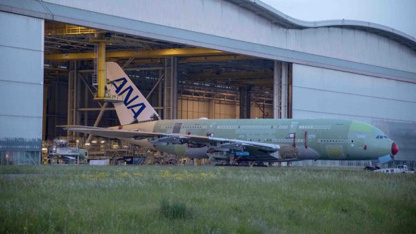 The first ANA A380 superjumbo rolling out of the assembly hall