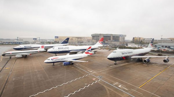 The four BA retro-liveried aircraft, alongside an A319 sporting the current Chatham Dockyard design