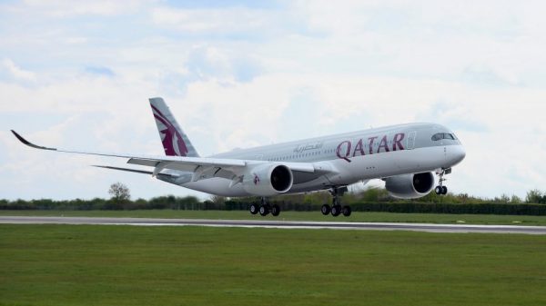 A Qatar Airways flight at Cardiff Airport
