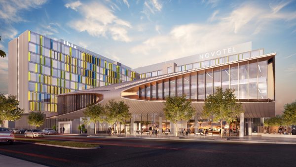 Accor's new dual-branded Melbourne Airport hotel render (exterior, Novotel and ibis Styles brand)