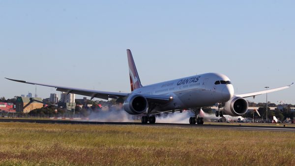 The Qantas Boeing 787 Dreamliner plane arrives at Sydney International Airport after flying direct from New York on Sunday