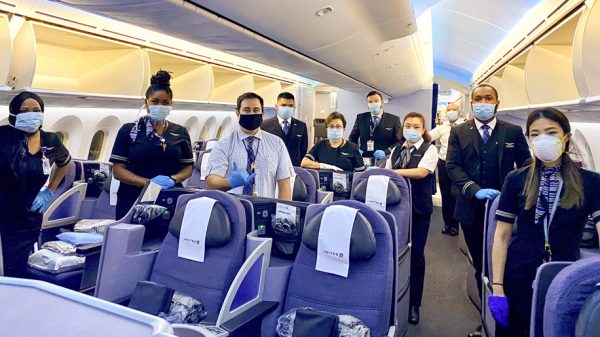 United Airlines flight attendants wearing face masks