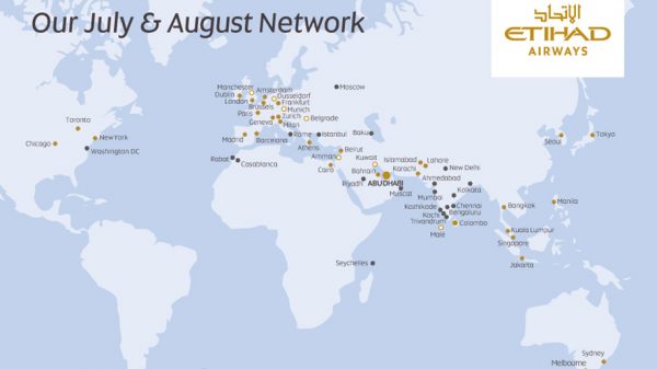 Etihad's route network for July and August 2020