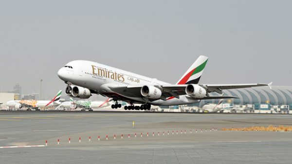 An Emirates A380 aircraft taking off from Dubai International