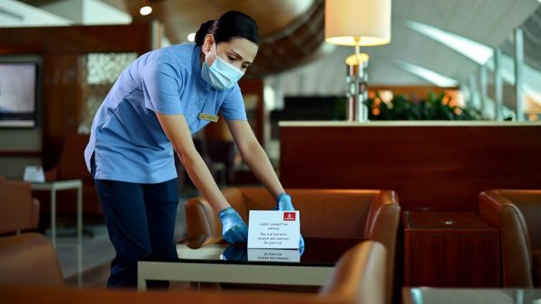 Emirates staff cleaning one of the carrier's lounges