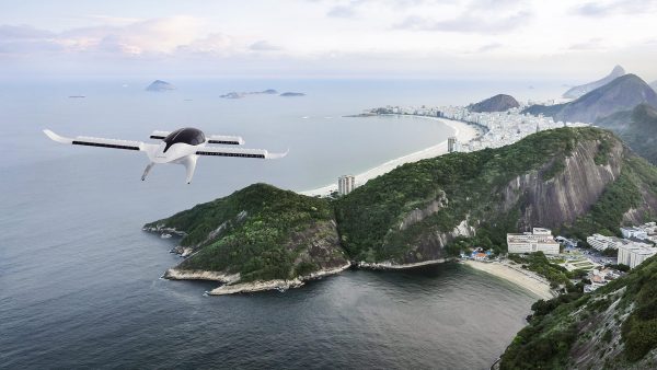Rendering of a Lilium eVTOL aircraft over Rio