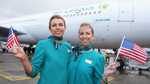 Pictured are Cabin Crew Niamh Keegan and Nicola Carooza Aer Lingus’ inaugural flight from Manchester Airport direct to New York, JFK.