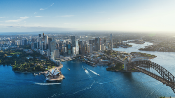 Sydney Harbour with rendering of the Waldorf Astoria Sydney (image supplied by Hilton)