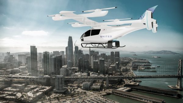 Rendering of an Eve Air Mobility eVTOL with United Airlines branding (image from https://eveairmobility.com/)