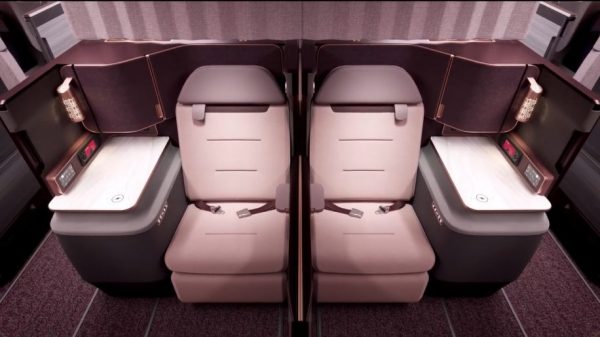 A still from Air India's CGI walkthrough video of its new 777-300ER interiors, showing first class seating