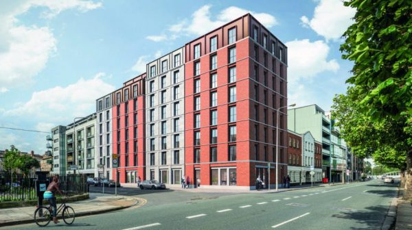 Rendering of Premier Inn’s Usher’s Quay Dublin 8 development (image from https://www.whitbread.co.uk/media/ and courtesy of Greenleaf and McCauley Daye OConnell rchitects)